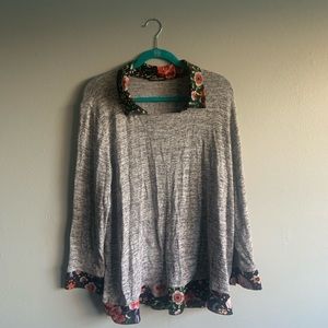 Chacha Vente Gray and Floral Collared Sweater Blouse, 1X